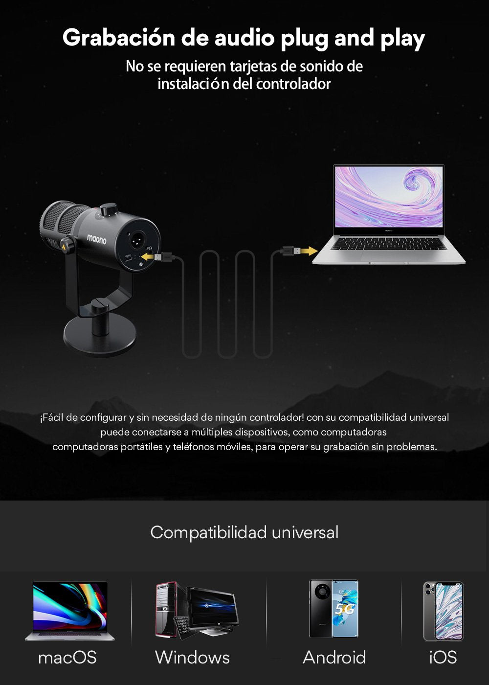 Micrófono dinámico para podcasting MAONO PD400X USB/XLR_ 1000 ×1400-02